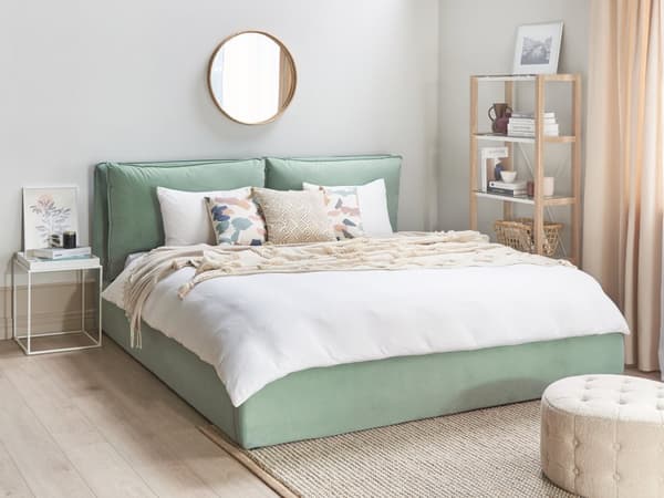 Grøn velourrammeseng 180 x 200 cm med nakkestøtte puder moderne stil