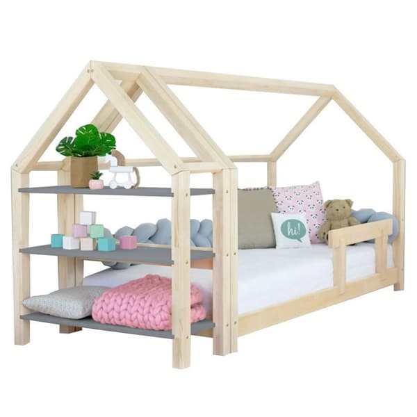 Hyttsäng med hylla 90 x 160 natur och grå
