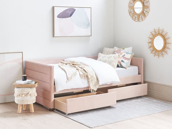 Dagseng Rosa Fløyel 90 x 200 cm Tuftet Lamellramme Skuffer Glamorøs stil Enkeltseng Soverom