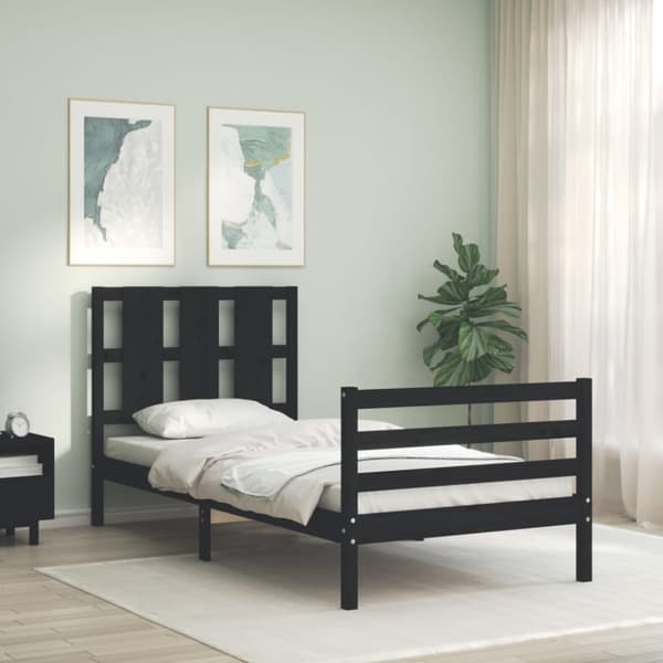vidaXL Sängram med huvudgavel svart 90x200 cm massivt trä
