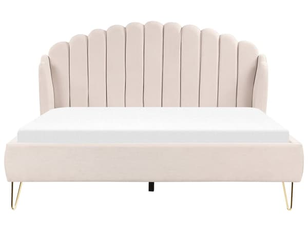 Polstret beige sengeramme 180 x 200 cm retrodesign metalben quiltet skalhovedgærde