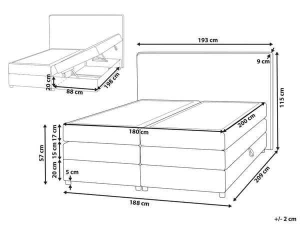 Kontinentalseng Grå Polstret Polyester med Krom Metalben 2 Personers 180 x 200 cm Komfortabel Quiltet To Mands Seng med Opbevaring