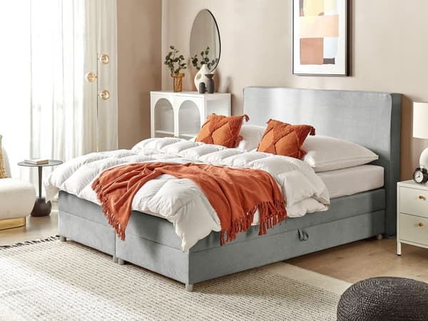 Kontinentalseng Grå Polstret Polyester med Krom Metalben 2 Personers 180 x 200 cm Komfortabel Quiltet To Mands Seng med Opbevaring