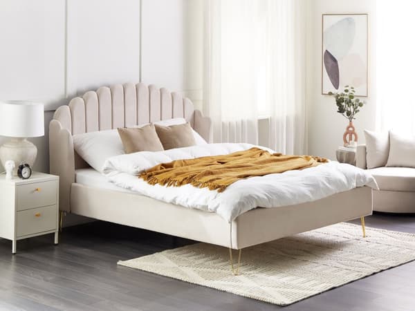 Parisänky vaalea beige 160 x 200 cm kangasverhoilu metallijalat sälepohja tuftattu retro