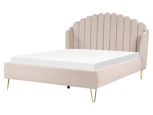 Parisänky vaalea beige 160 x 200 cm kangasverhoilu metallijalat sälepohja tuftattu retro