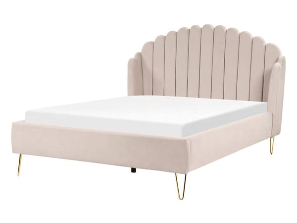 Parisänky vaalea beige 140 x 200 cm kangasverhoilu metallijalat sälepohja tuftattu retro