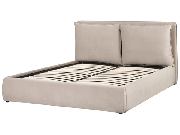Seng med oppbevaring Fløyel Beige 160 x 200 cm Polstret sengeramme Sengegavl Oppbevaringsplass Soverom Moderne Skandinavisk