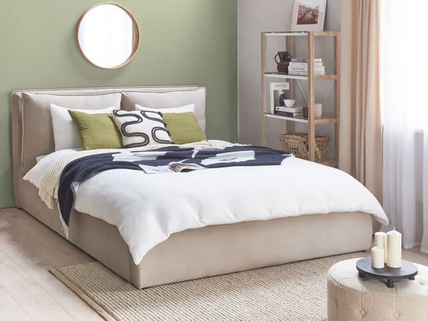 Seng med oppbevaring Fløyel Beige 160 x 200 cm Polstret sengeramme Sengegavl Oppbevaringsplass Soverom Moderne Skandinavisk