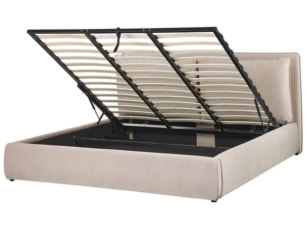 Seng med oppbevaring Fløyel Beige 180 x 200 cm Polstret sengeramme Sengegavl Oppbevaringsplass Soverom Moderne Skandinavisk