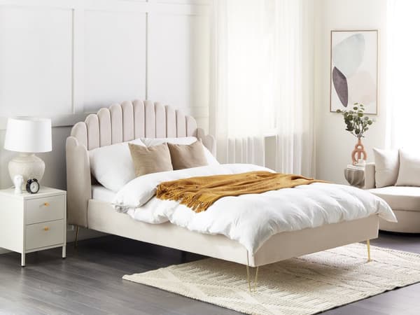 Dubbelsäng Sängram Beige Tygklädsel 140 x 200 cm Metallben Retro Design Tuftad Sänggavel