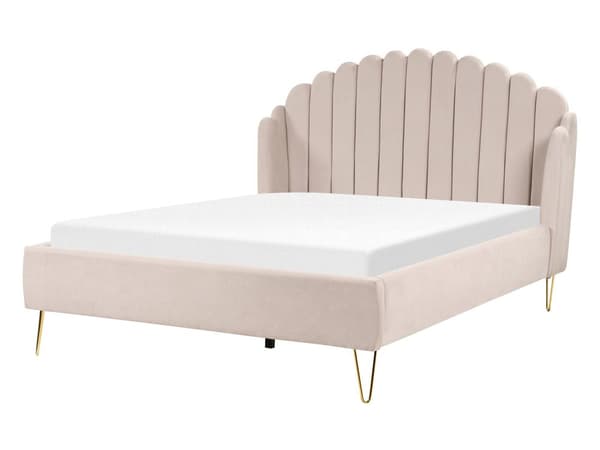 Dubbelsäng Sängram Beige Tygklädsel 140 x 200 cm Metallben Retro Design Tuftad Sänggavel