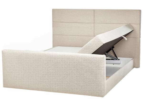 Jenkkisänky beige 180 x 200 cm säilytystila kangasverhoilu polyesteri pussijouset napitettu puu metalli vaneri