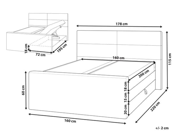 Jenkkisänky vaaleanharmaa 160 x 200 cm säilytystila kangasverhoilu polyesteri pussijouset napitettu puu metalli vaneri