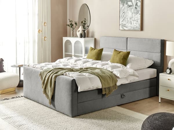 Jenkkisänky vaaleanharmaa 160 x 200 cm säilytystila kangasverhoilu polyesteri pussijouset napitettu puu metalli vaneri