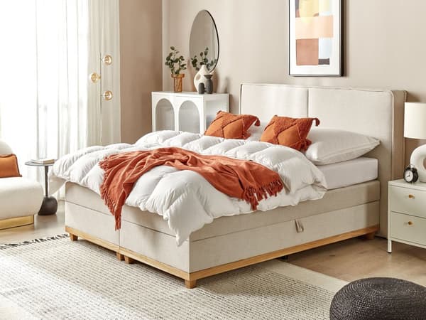 Jenkkisänky beige 160 x 200 cm kangasverhoilu polyesteri pussijouset napitettu puu metalli vaneri