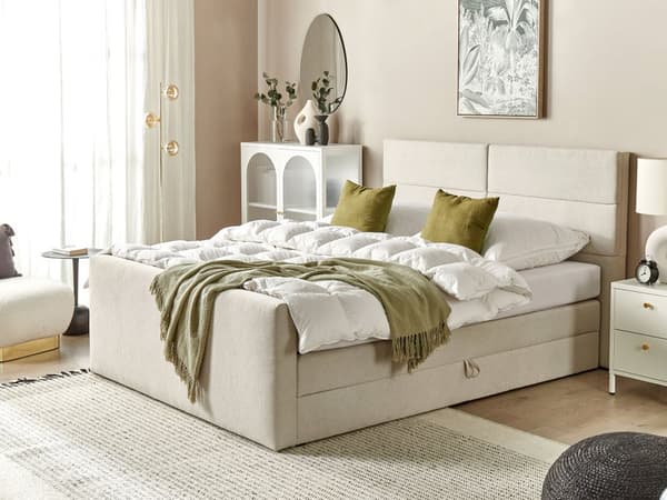 Jenkkisänky beige 160 x 200 cm säilytystila kangasverhoilu polyesteri pussijouset napitettu puu metalli vaneri