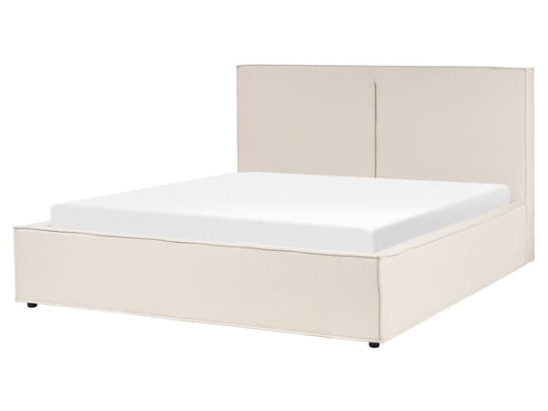 Parisänky beige kangas verhoiltu mänty 160 x 200 cm säilytystilalla sälepohjalla skandinaavinen tyyli