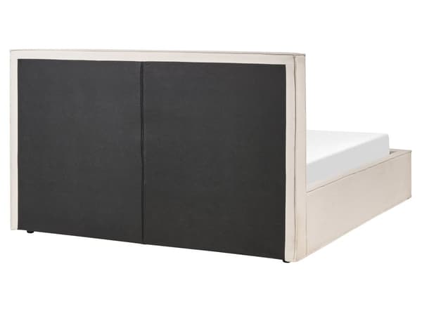Parisänky beige kangas verhoiltu mänty 160 x 200 cm säilytystilalla sälepohjalla skandinaavinen tyyli