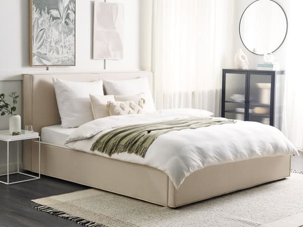 Beige polstret seng med opbevaring 180 x 200 cm med ramme og nakkestøtte moderne til soveværelset