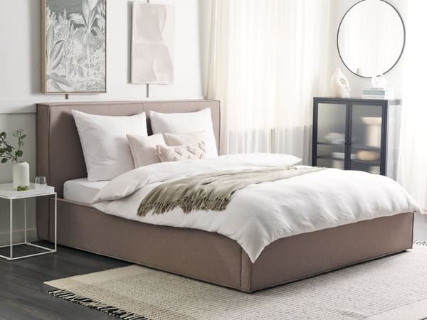 Beige grå polstret seng med opbevaring 180 x 200 cm med ramme og nakkestøtte moderne til soveværelset