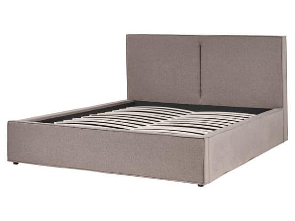 Beige grå polstret seng med opbevaring 160 x 200 cm med ramme og nakkestøtte moderne til soveværelset