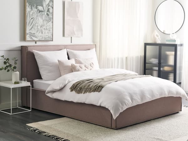 Beige grå polstret seng med opbevaring 160 x 200 cm med ramme og nakkestøtte moderne til soveværelset