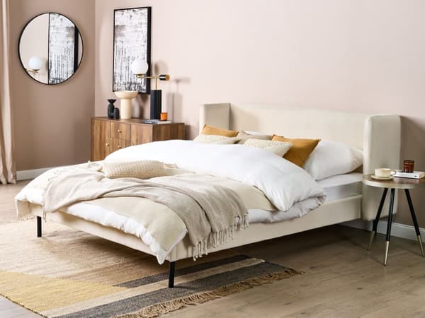Lysbeige velourpolstret seng med ramme 160 x 200 cm hovedgærde med vinger klassisk design