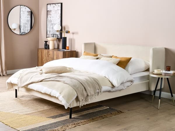 Lysbeige velourpolstret seng med ramme 160 x 200 cm hovedgærde med vinger klassisk design