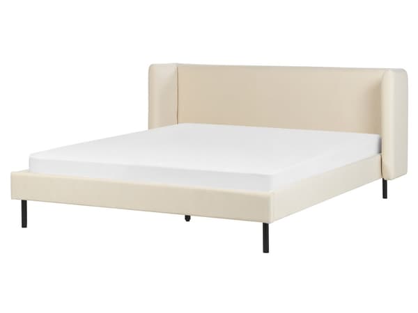 Lysbeige velourpolstret seng med ramme 160 x 200 cm hovedgærde med vinger klassisk design