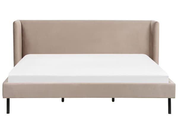 Gråbeige velourpolstret seng med ramme 180 x 200 cm hovedgærde med vinger klassisk design