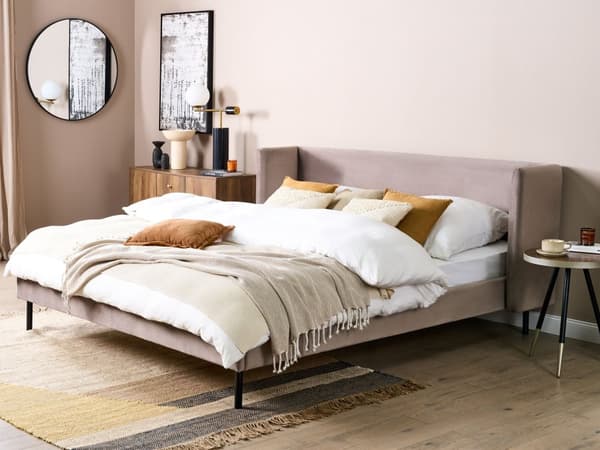 Gråbeige velourpolstret seng med ramme 180 x 200 cm hovedgærde med vinger klassisk design