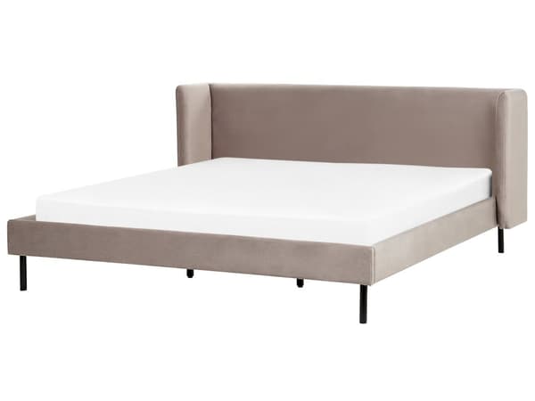 Gråbeige velourpolstret seng med ramme 180 x 200 cm hovedgærde med vinger klassisk design