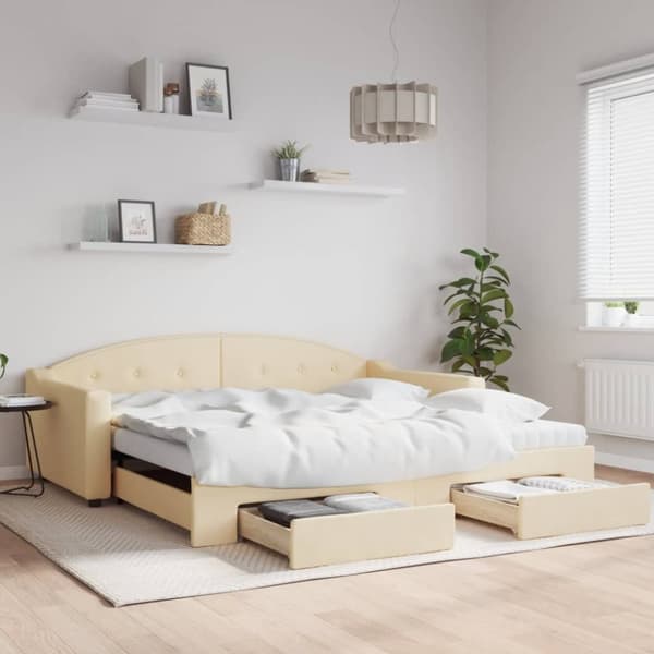 vidaXL daybed med udtræk og skuffer 100x200 cm stof cremefarvet