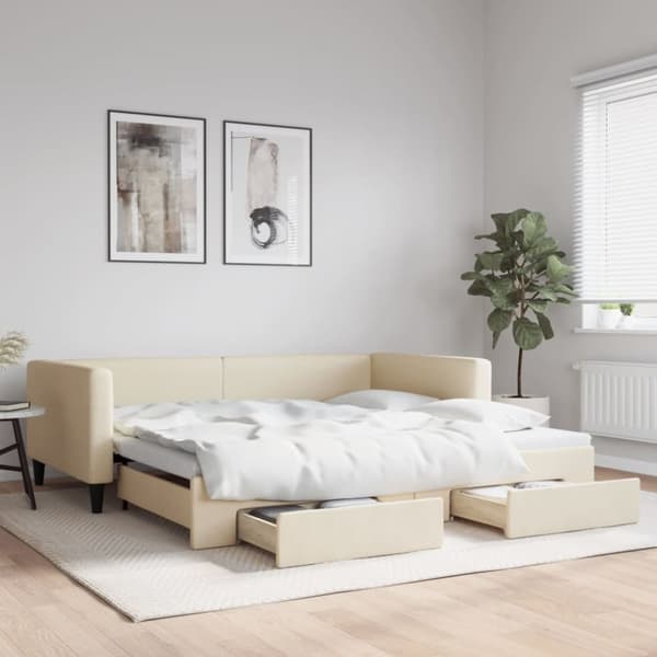 vidaXL daybed med udtræk og skuffer 100x200 cm stof cremefarvet