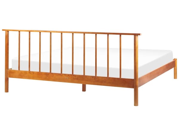 Lys fyrretræsramme seng 180 x 200 cm med lamelhovedgærde dobbeltseng minimalistisk rustik stil