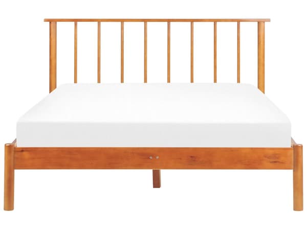 Lys fyrretræsramme seng 140 x 200 cm med lamelhovedgærde dobbeltseng minimalistisk rustik stil
