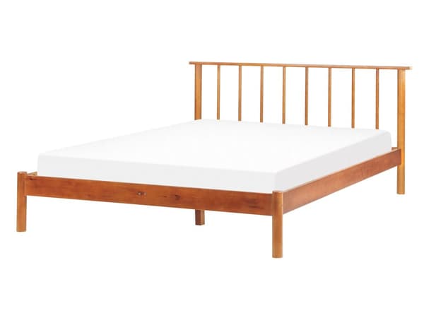 Lys fyrretræsramme seng 140 x 200 cm med lamelhovedgærde dobbeltseng minimalistisk rustik stil