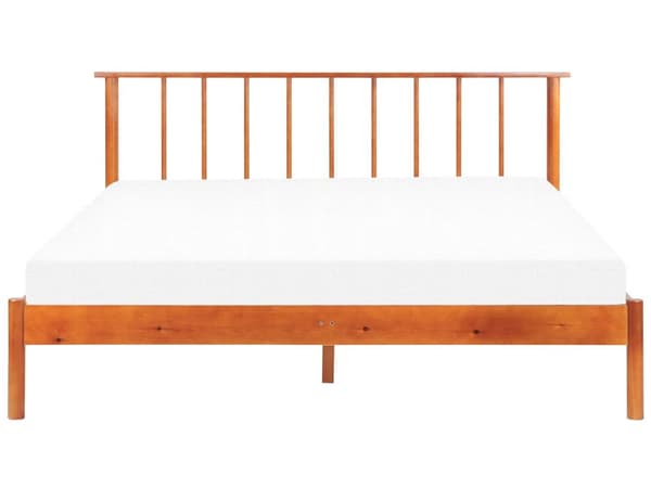 Lys fyrretræsramme seng 160 x 200 cm med lamelhovedgærde dobbeltseng minimalistisk rustik stil