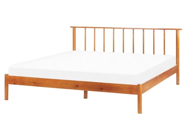 Lys fyrretræsramme seng 160 x 200 cm med lamelhovedgærde dobbeltseng minimalistisk rustik stil