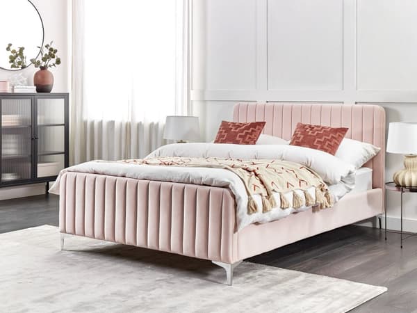 Dobbeltseng Rosa Fløyel 140 x 200 cm Sengegavl Metallben Moderne design Sengeramme Soverom