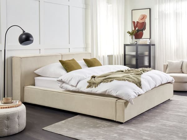 Dobbeltseng Beige Fløjl 160 x 200 cm Moderne To Mands Sengestel Blød Sengegavl Seng Retro Sengeramme Design