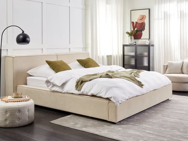 Dobbeltseng Beige Fløjl 180 x 200 cm Moderne To Mands Seng Blød Sengegavl Sengestel Retro Sengeramme Design