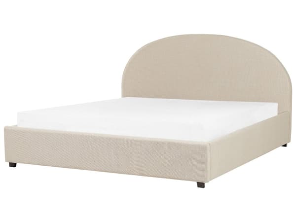 Parisänky beige kangas verhoiltu 180 x 200 cm sälepohja säilytystilalla kaareva pääty retro