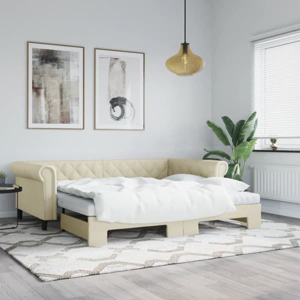 vidaXL Dagbädd utdragbar med madrasser gräddvit 90x200 cm konstläder
