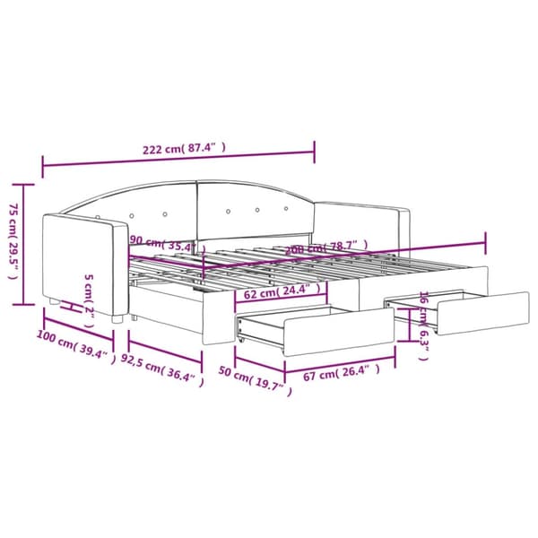 vidaXL Dagbädd utdragbar med lådor svart 90x200 cm sammet