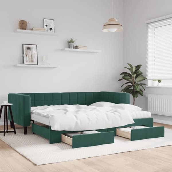 vidaXL daybed med udtræk og skuffer 90x200 cm velour mørkegrøn