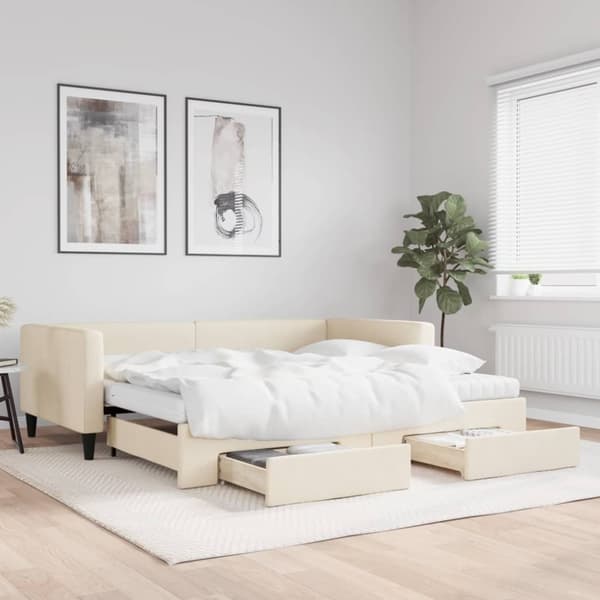 vidaXL Dagbädd utdragbar med lådor gräddvit 100x200 cm tyg