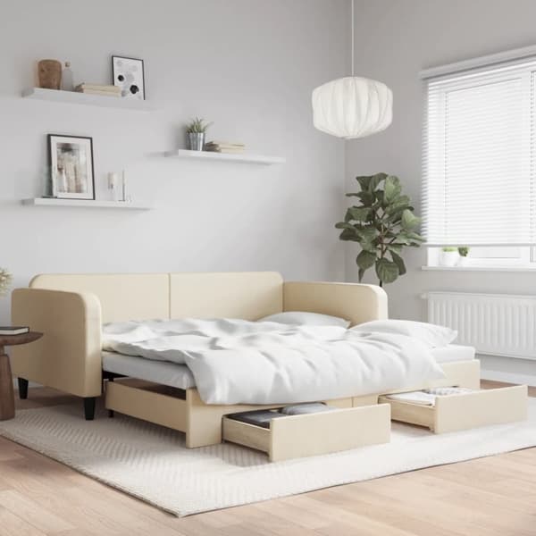 vidaXL Dagbädd utdragbar med lådor gräddvit 100x200 cm tyg