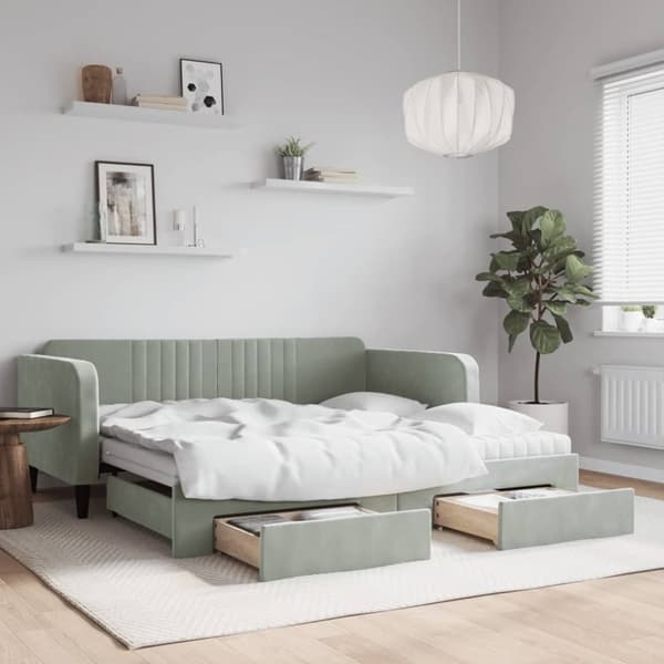 vidaXL daybed med udtræk og skuffer 90x190 cm velour lysegrå