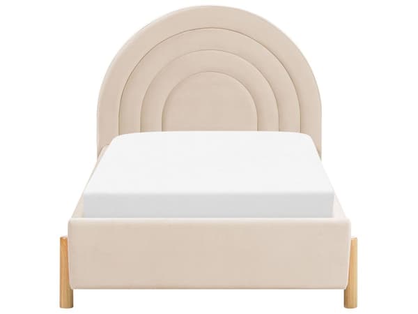 Sänky beige 90 x 200 cm samettiverhoilu puujalat puolipyöreä pääty minimalistinen retro